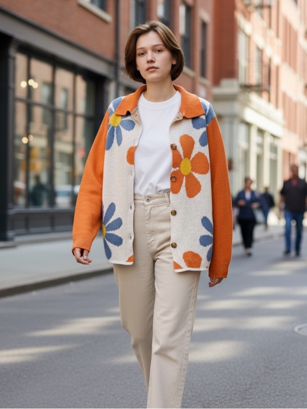 Retro Floral Button-Front Cardigan in Orange and Cream